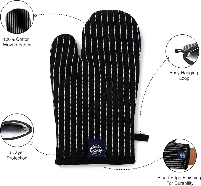 Encasa XO Long 12"x7" Oven Microwave Hand Gloves Mitts (2 pc Set) for Kitchen Cooking & Baking - Heat Resistant, Thick & Safe, Protection of Hands from Hot Utensils - Butcher Stripes Black