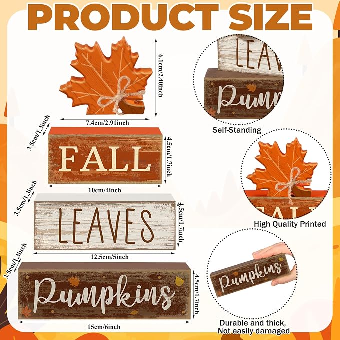 Lineshading 4 Pcs Fall Wood Block Signs Farmhouse Tabletop Decor Pumpkin | Rustic Stacked Blocks with Maple Leaf, Tiered Tray Mantel Decor, Harvest Thanksgiving Accents, Distressed Wood Finish