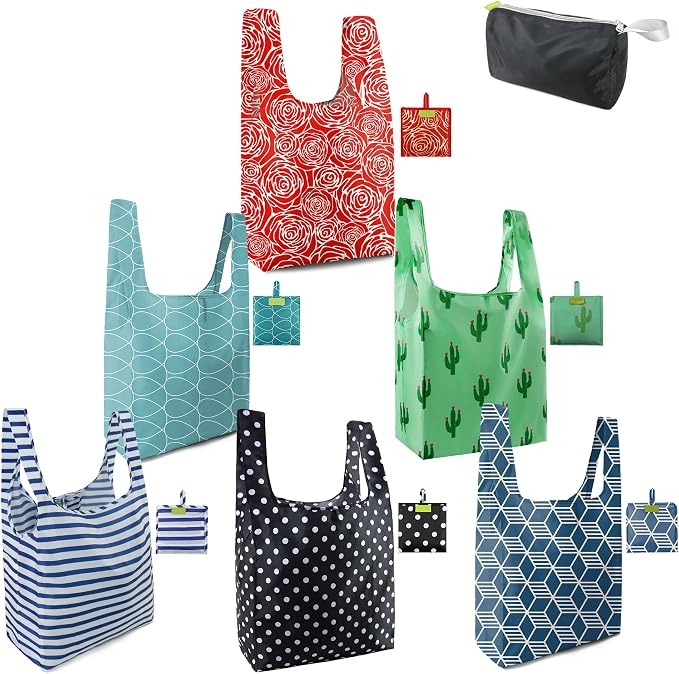 BeeGreen Geometry Reusable Grocery Bags Bulk 6 Packs X-Large, Reusable Shopping Bags Foldable for Groceries, Vegetables, Fruits Watertight Bulk Tote Bags (Cactus Rainbow Polka Dot Red Rose）
