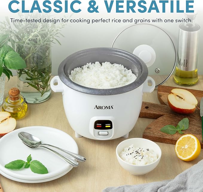 AROMA Rice Cooker, 3-Cup (Uncooked) / 6-Cup (Cooked), Small Rice Cooker, Oatmeal Cooker, Soup Maker, Auto Keep Warm, 1.5 Qt, White, ARC-393NG