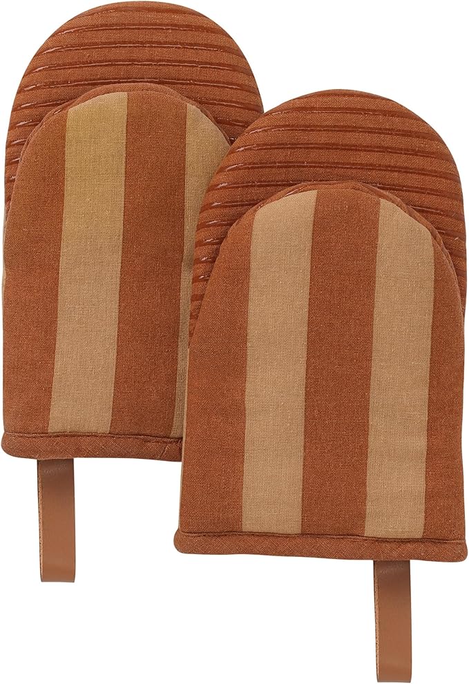 Folkulture Fall Oven Mitts, Brown, Set of 2, Heat Resistant - (5.75"x9") | 100% Cotton, Non Slip, Heat Resistant, Silicone, Cute Striped Mini Mits with Hanging Loop, Fall Kitchen Décor, Cooking Gifts