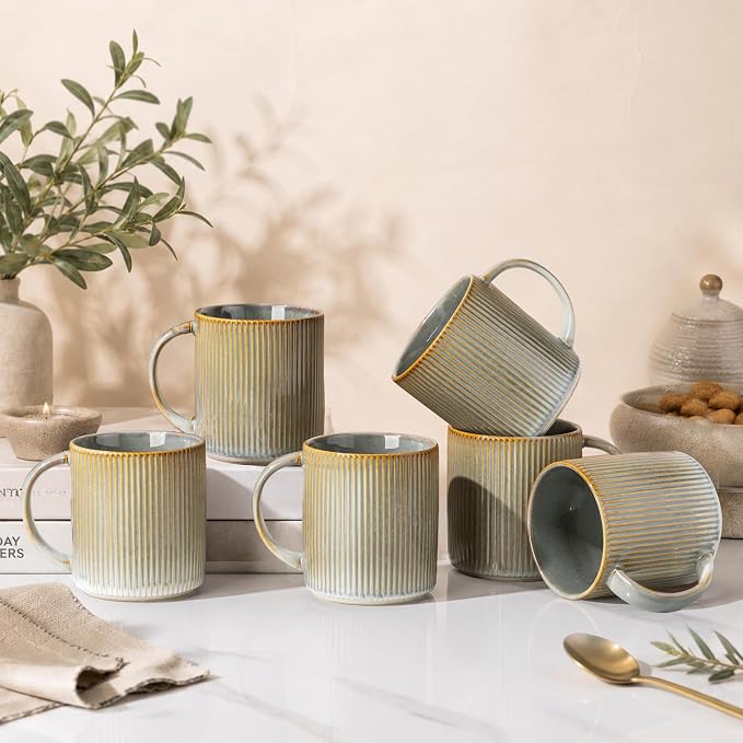 theterra Ceramic Coffee Mugs Set of 6, 14.2 oz Coffee Cups with Handle | Handmade, Suitable for Latte, Tea, Milk, Beer & Hot Cocoa, Desert Sage