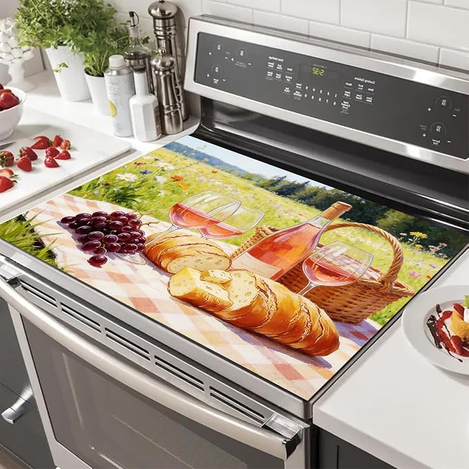 HOMETITUTE Spring Stove Top Covers for Electric Stove 28x20 Inches Picnic Wine Scene Heat Resistant Glass Cooktop Protector Pad Decorative Stovetop Cover for Kitchen Coffee Bar Decor