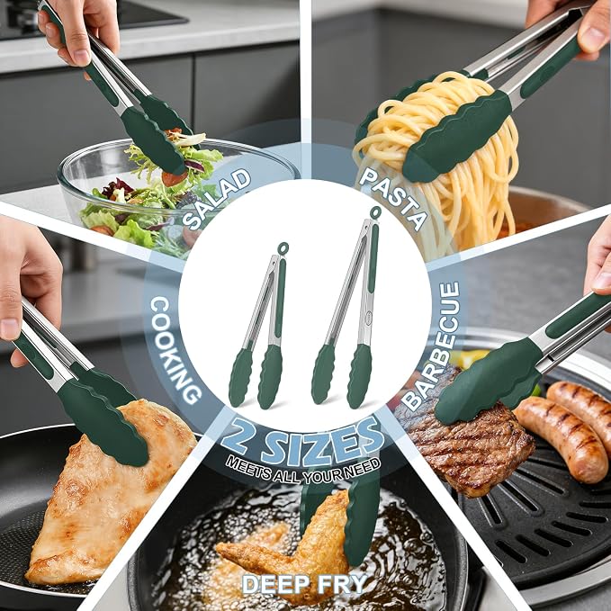 Stainless Steel Kitchen Tongs with Silicone Tips, Locking Grilling Food Tongs, 9" and 12", Set of 2 Dark Green