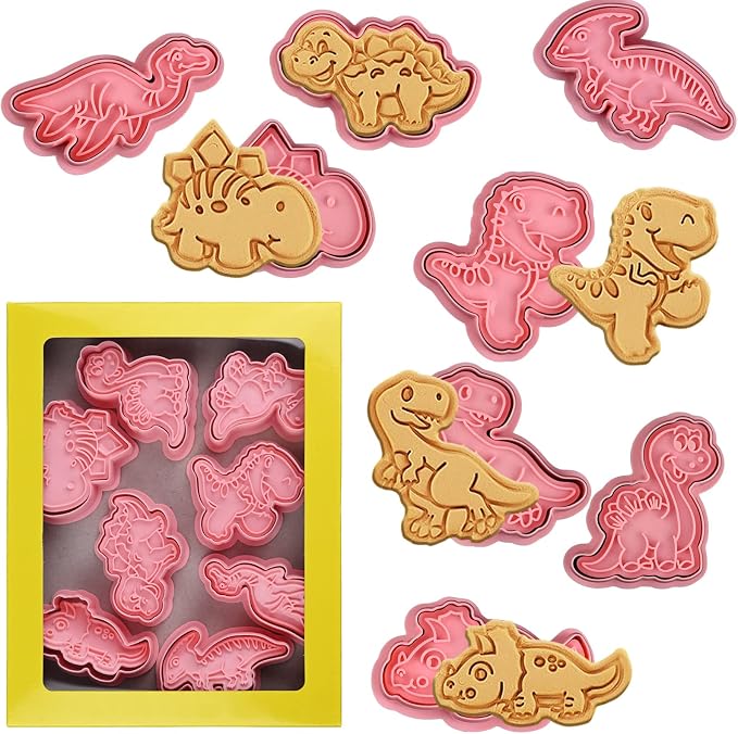8 Pcs 3D Dinosaur Cookie Cutters With Plunger Stampers | Different Dinosaurs Shapes Embossing Cutters For Biscuit Fondant Cheese Baking