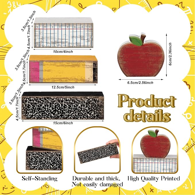 Lineshading 4 Pcs Back To School Table Decorations Wooden Apple Block Signs | Rustic Farmhouse Signs with Pencil Shape, Fake Apples Decor, Tiered Tray Display, Teacher Gifts, Classroom Decorations