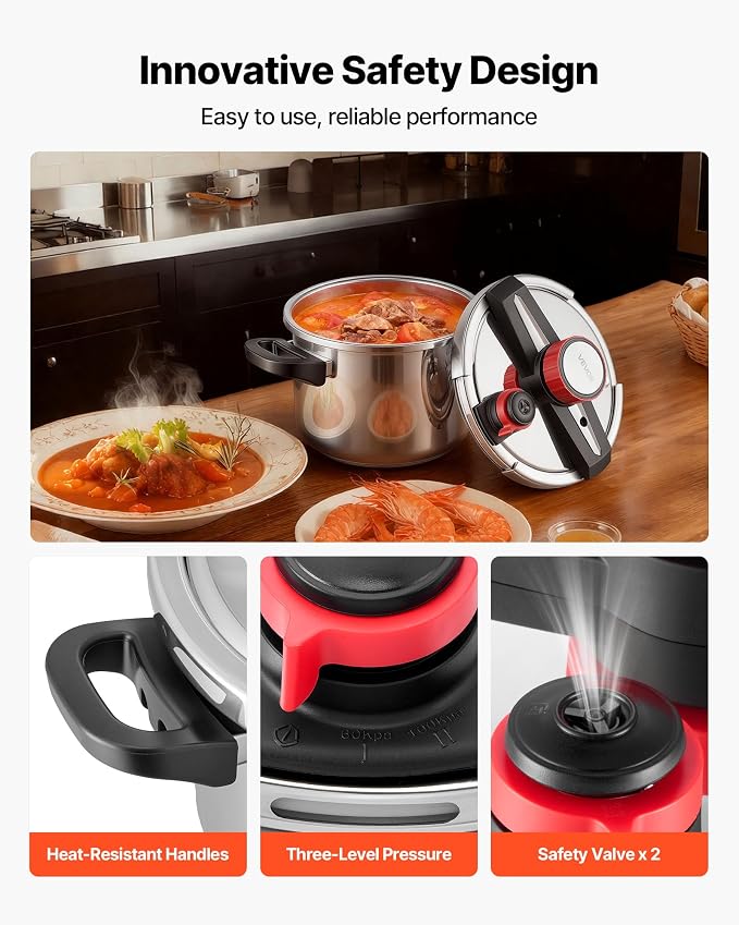 VEVOR Pressure Cooker, 6.3Qt Pressure Cooker Stainless Steel, Pressures Canner with Steaming Rack, Tempered Glass Lid, Three Pressures Settings for Meat, Beans, Rice, Soup, Sauces, Cook up to 100 kPa