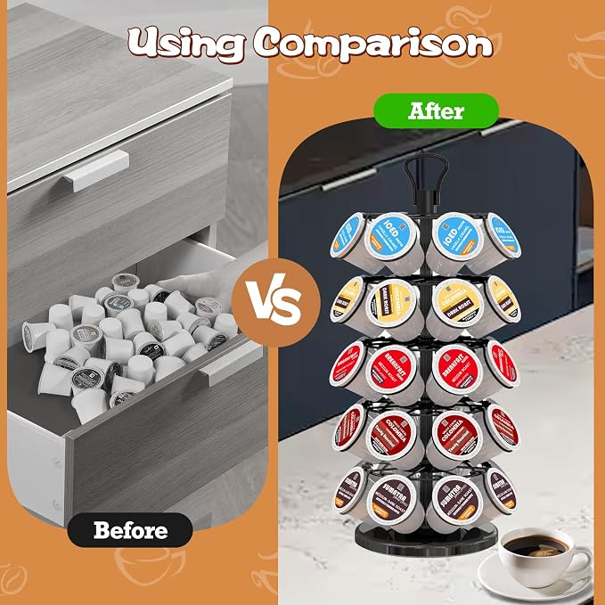 K Cup Holder 40 Pods Capacity, Coffee Pods Holder Storage Organizer Stand | K Cup Carousel, 360°Rotating K Cup Organizer, Easy-Grip Top Handle,Space-Saving for Countertop, K Cups Holder Easy Assembly