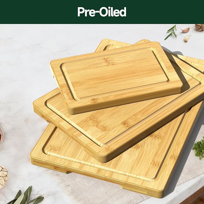 3-Piece Set Deep-Carbonized Bamboo Cutting Board for Kitchen, Natural | Crack-Resistant Wood Chopping Boards with Deep Juice Grooves, Pre-Oiled Butcher Block for Meat, Vegetables & Cheese