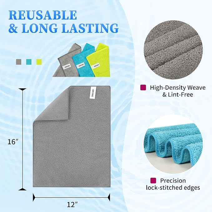 Microfiber Cleaning Cloth - Pack of 24, Multi-Functional Towels, Size: 12 x 16 in, Highly Absorbent Rags, Lint-Free, Streak-Free for Car, Kitchen, Home, Office