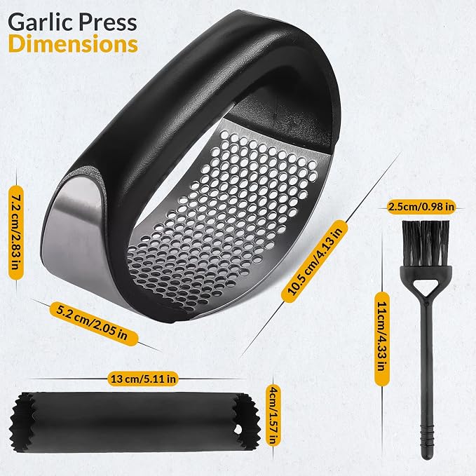 Garlic Press - Dishwasher Steel Safe Garlic Mincer Crusher with Peeler, Brush