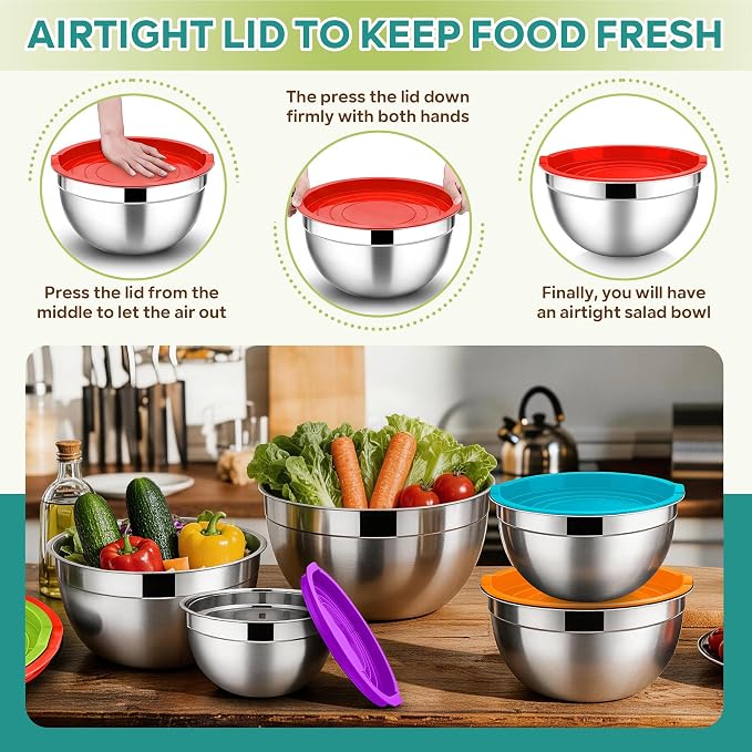 E-far Mixing Bowls with Lids Set, Stainless Steel Salad Bowls, Colorful | 10-Piece Metal Nesting Bowls with Airtight Lid for Kitchen Cooking, Baking/Prepping, Dishwasher Safe, 0.7/1.5/2.1/3/4.6 QT