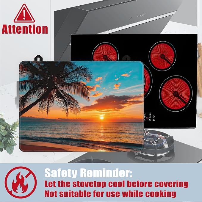 Stove Top Covers for Electric Stove,Summer Beach Sunset Flat Top Stove Cover,Coconut Tree Heat Resistant Glass Top Stove Cover Protector Anti-Slip Range Covers, 28 x 20 Inch