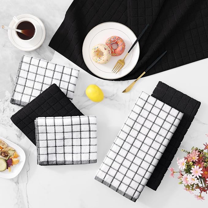 Homaxy Large Premium Cotton Kitchen Towels 16"x 28", 6 Pack, Black | Natural Ring Spun 390 GSM Dish Towels, Super Absorbent Terry Kitchen Hand Towels, Soft Tea Towels with Hanging Loop