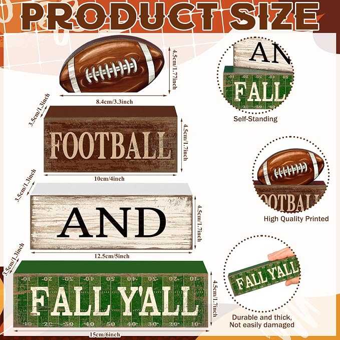 Lineshading 4 Pcs Fall Football Block Signs Wooden Farmhouse Decor | Rustic Wood Blocks with 3D Football Topper, Sport Theme Tiered Tray Decor for Table Shelf, Football and Fall Y'all Text
