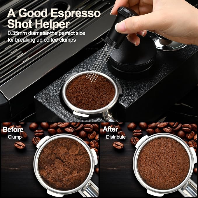 WDT Espresso Distribution Tool, Espresso Accessories with Built-in Cleaning Brush, 0.35mm 10 Needle Distributor and Extra 10 Needles for Espresso Stirrer, Aluminum Handle with Stand for Barista
