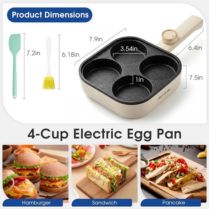 Electric Egg Pan Nonstick: No Stove Needed 900W 4-Cup Omelette Pan | Granite Material, 2 Power Adjustable, Breakfast Non Stick Frying Pans Skillet for Eggs, Pancakes, Crepes, Plett and More