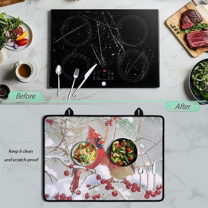Cardinal Snow Holly Branch Print Stove Top Covers for Electric Stove Easy to Clean Glass Cooktop Protector Ceramic Protecting Counter Top Table Protector for Winter Decor, 29.18 x 20.96 inch
