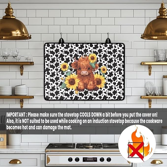 Cartoon Highland Cow Sunflower Print Stove Top Covers Waterproof Electric Stove Cover Mat 29.18 x 20.96 inch Glass Cooktop Protector Large Coffee Machine Mat for Flat RV Range