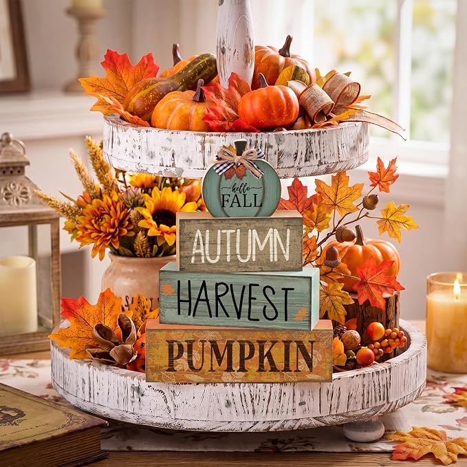 Lineshading 4 Pcs Fall Wood Block Signs Pumpkin Harvest Tiered Tray Decor | Stackable Rustic Blocks with Pumpkin Topper, Autumn Harvest Prints, Farmhouse Tabletop Centerpiece for Seasonal Decor