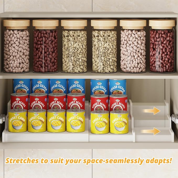 3-Tier Expandable Bamboo Can Organizer for Pantry, Holds 24 Cans, White | Adjustable Can Storage Rack for Kitchen Cabinets, Soda & Canned Goods Holder for Pantry Organization, White (Patent Pending)