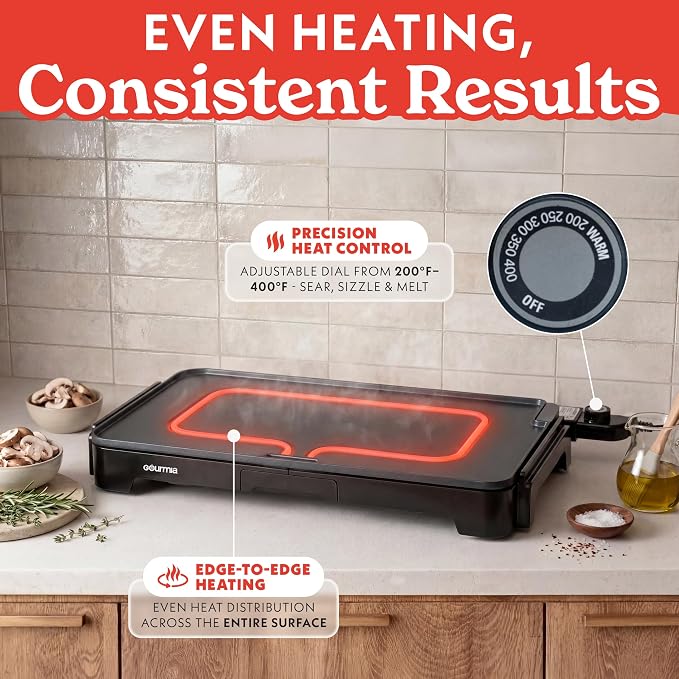 Gourmia 22 Inch XL Electric Griddle Pan - Nonstick Extra Large Flat Top Ceramic Surface, Countertop Cooker, Adjustable 200°F–400°F, Pull-Out Drip Tray, Compact Handle-Free Design
