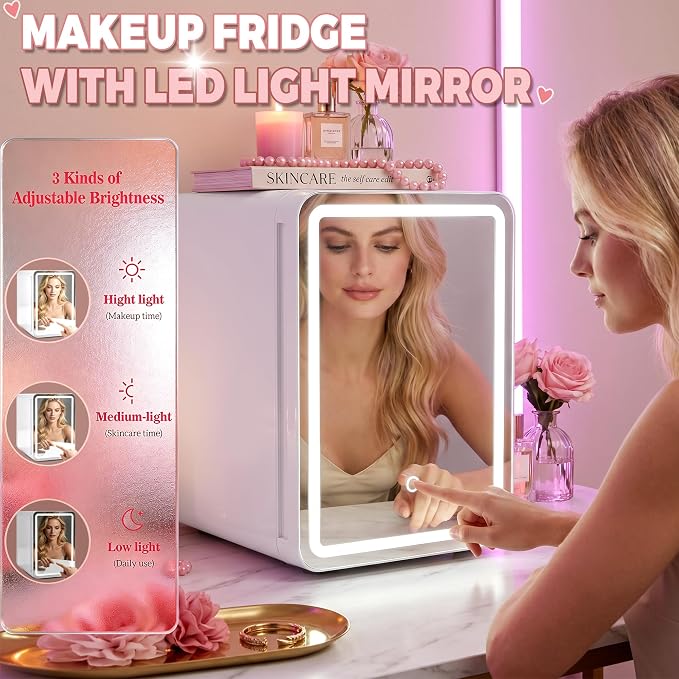 Kikihouse 16L/20L Skincare Fridge with LED Mirror, Small Fridge for Makeup | Portable Skin Care Fridge for Beauty, Cosmetics, Personal Mini Refrigerator for Food, Office, Dorm, Car, Cooler & Warmer