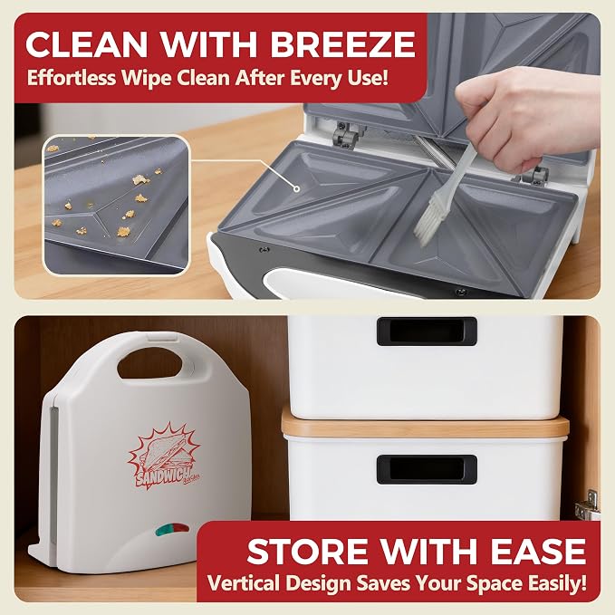 AshGlen Ceramic Breakfast Sandwich Maker Press 2 Slices, Mini Sandwich Press, Grilled Cheese Maker, Tostadora De Pan Sandwichera, Sandwichera Electrica, Sandwich Toaster, Ceramic Coating, White