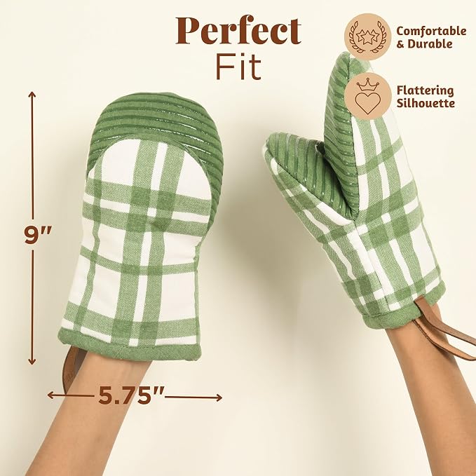 Folkulture Oven Mitts, Green Checkered, Set of 2,Heat Resistant -(5.75"x9") | 100% Cotton, Non Slip, Silicone, Cute Mini Mits with Hanging Loop, Kitchen Décor, Cooking Gifts, New Home Essentials