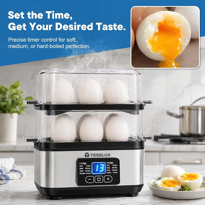 Tesslux Egg Cooker, Dual Layer 12 Egg Boiler, Soft Hard Poached, Silver | LED Countdown Timer, Touch Control, Poaching Bowl, Omelet Maker, Two Trays, Vegetable Steamer, Auto Shut-Off, Buzzer Alert