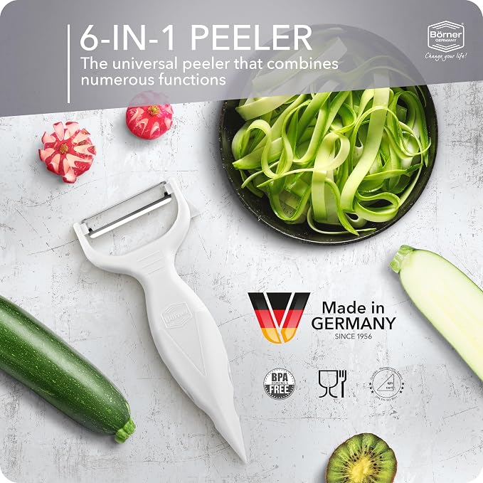 Borner 6-in-1 Fruit and Vegetable Peeler with Stainless Steel Double-Edged Blade, Multi function with Corer, Potato Eye Remover and Mini Grater, Made in Germany, White