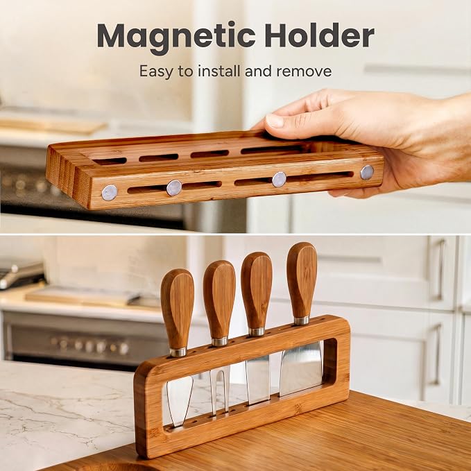 SMIRLY Charcuterie Boards Set, Cheese Board with Accessories, Brown Bamboo | House Warming Gifts, Wedding Gifts for Couples, Bridal Shower Gifts, Magnetic Holder for 4 Cheese Knives, Fruit Tray