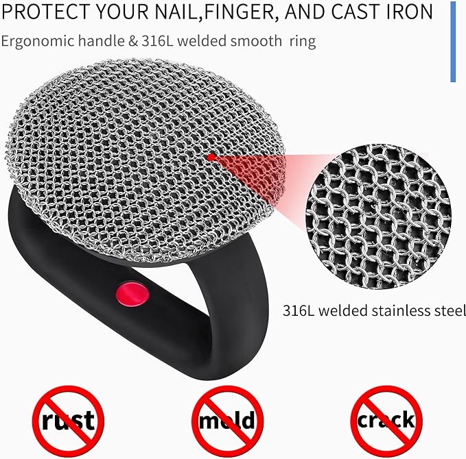 Cast Iron Cleaner Scrubber with Heavy Duty Handle, 3mm Welded Chain Mail | Fine Ring, Stainless Steel Sponge Chainmail Scrubber, Skillet Oven Grill Cleaning Metal Brush -Dishwasher safe,Heat Resistant