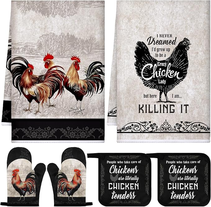Bencailor 6 Pcs Rooster Chicken Kitchen Decor Rooster Kitchen Towels Chicken Pot Holders and Oven Mitts Sets 2 Farmhouse Gray Cooking Mittens for Cooking Grilling Supply Accessories