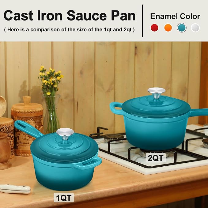 2 Quart Saucepan with Lid, Leonyo Enameled Cast Iron Sauce Pan, Cast Iron Pot and Pan Dutch Oven Induction Cookware for All Cooktops Cooking Soup, Milk, Paste- Up to 500°F & 6.7Lbs, Lake Green