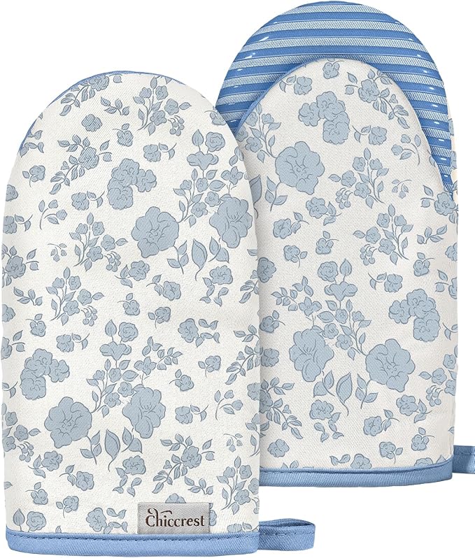 100% Thick Cotton Mini Oven Mitts Silicone Grip Blue Fresh Floral | Girly Cute Oven Mitts for Women, Machine Washable, Non-Slip, Reversible Design Fits Both Hands, Stylish Kitchen Decor