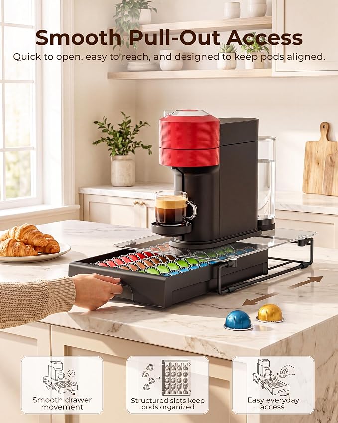 EVERIE Nespresso Vertuo Pod Holder Drawer, Coffee Pod Organizer with Universal Slots, Holds 40 Large or 52 Small Capsules, Tempered Glass Top Storage Drawer for Coffee Makers, 12" x 16.5" x 3.5"
