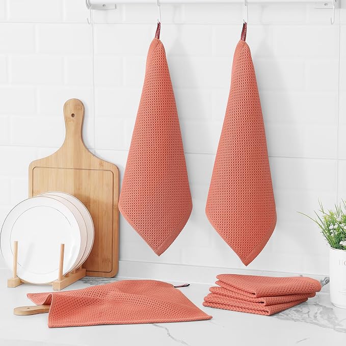 Kitinjoy 100% Cotton Waffle 6-Pack Kitchen Towels, 12" x 12", Coral | Ultra Absorbent, Super Soft, lightweight, Quick Drying Dish Rags for Washing Dishes