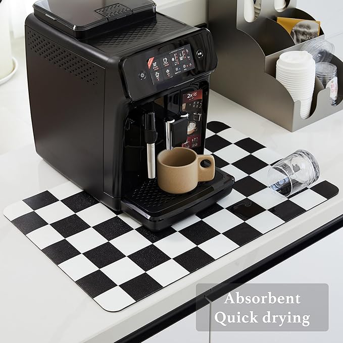 Ohocut Checkered Dish Drying Mat for Kitchen Counter, Coffee Bar Station Accessories, Retro Cute Aesthetic Modern Absorbent Drainer Mat Kitchen Drying Mat Easy Clean, Black 16" x 24"
