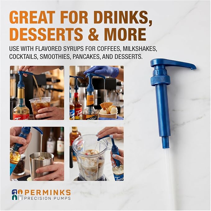 Syrup Pump, Compatible with 750ml Torani, Davinci & Skinny, 2-Pack, Blue | Leak-free, 1/4oz precision pump with locking nozzle. Great for coffee bar accessories, dirty soda stations & dessert sauces