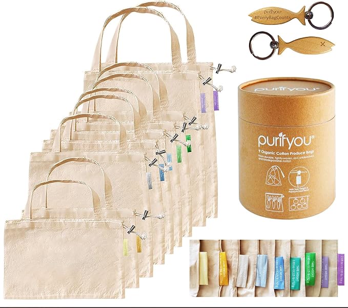 purifyou Set of 9 Mini Tote Bags with Drawstring, Reusable Organic Cotton Canvas Bags for Grocery Shopping, Dry Goods, Beach Essentials, Storage, and Travel, Washable (Large, XL)