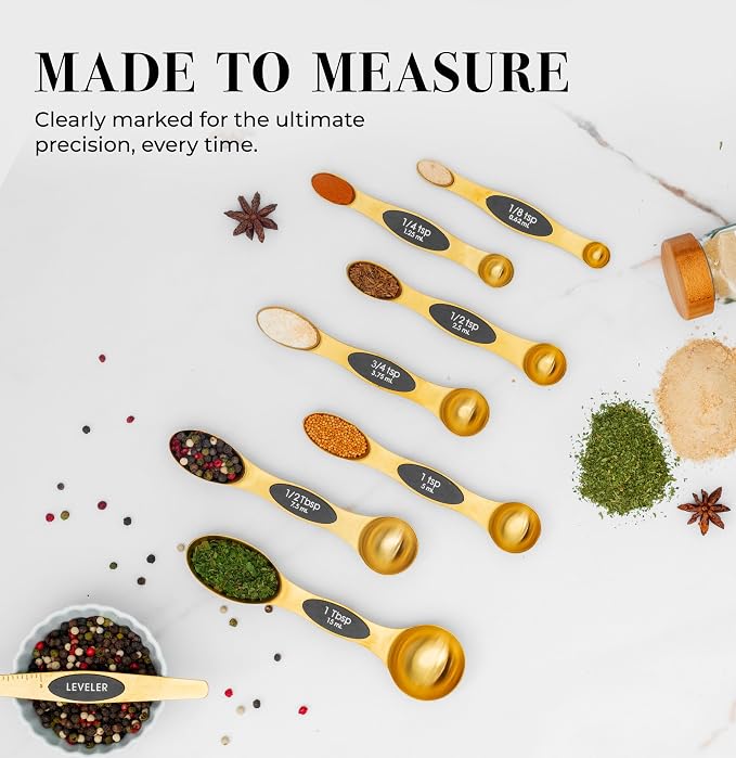 Styled Settings Magnetic Measuring Spoons Set, Gold | Stainless Steel Gold Measuring Spoons for Cooking and Baking - Cute and Durable Gold Kitchen Accessories - Great for Gifting