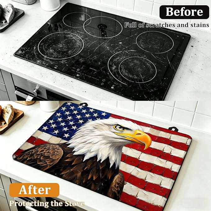 Electric Stove Top Cover,Bald Eagle Stove Cover for Glass Top Electric Stove,American Flag Heat Resistant Flat Top Stove Mat Countertop Protector, 28 x 20 Inch