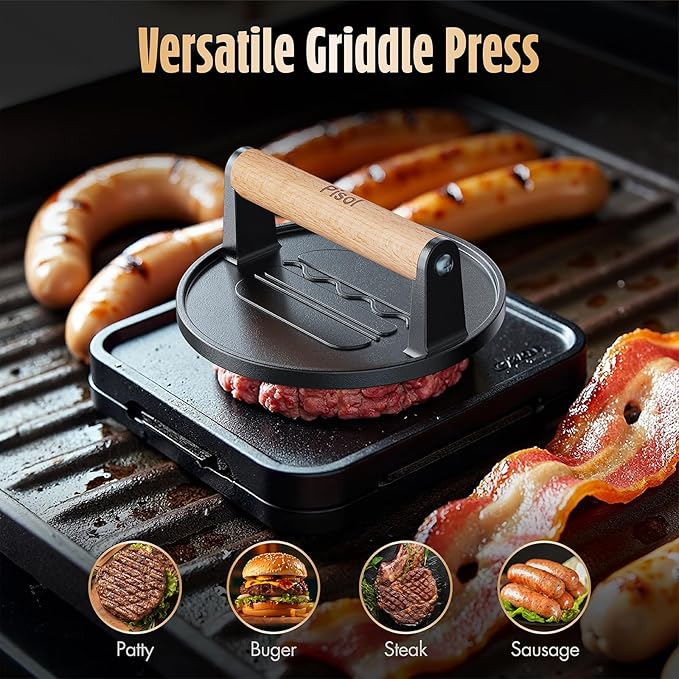 Pisol Smash Burger Press, Pre-Seasoned Cast Iron Hamburger Smasher, 2 lb Heavy-Duty Grill Bacon Meat Press Tool with Wood Handle, 6.6”