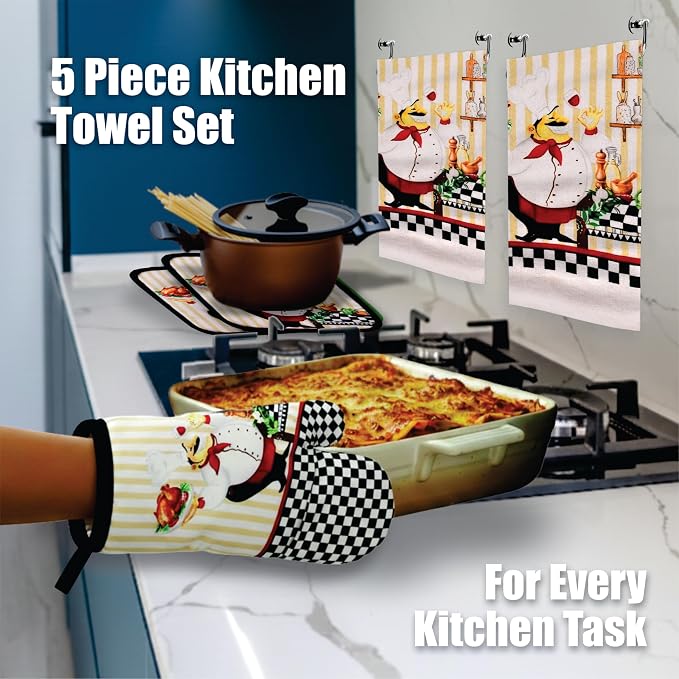 Chubby Uniformed Chef Design, 5 Piece Set | Kitchen Towel Set with 2 Decorative Dish Towels (25 X15), 1 Oven Mitt (11 X 7) and 2 Potholders (6.5 X 6.5)