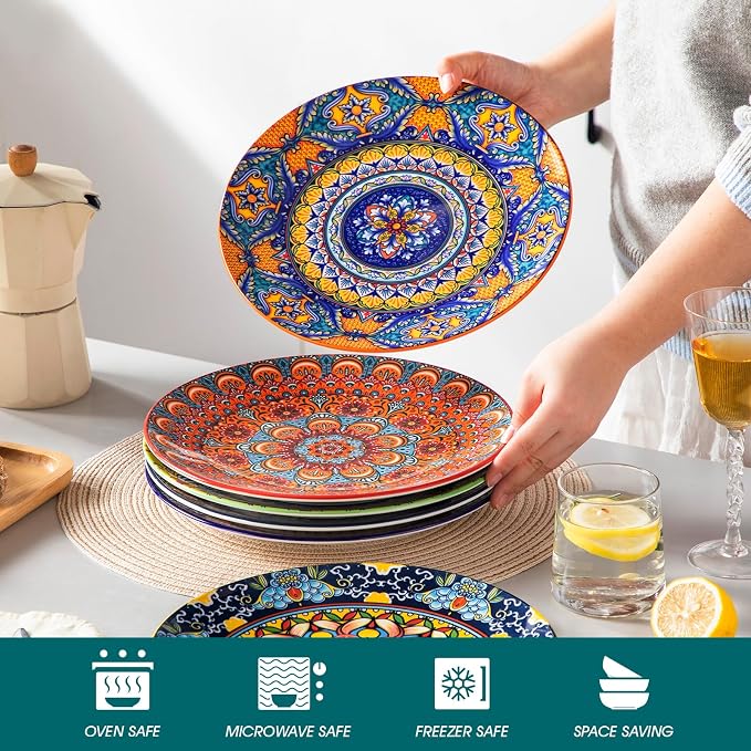 vancasso Colorful Dinner Plates Set of 6, 10.5 Inch Ceramic Kitchen Plates | Boho Dinner Plates Set, Bohemian Printed Dishes for Dining, Microwave & Dishwasher Safe Plate Set, Series KRVI