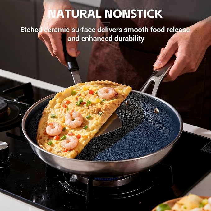 Ammeloo Hybrid Tri-Ply Stainless Steel Frying Pans Set, 8"/9.5"/11" Cooking Pans, Non Stick Frying Pans and Skillets, Chef Pan, Non Toxic, Dishwasher Safe, Induction Compatible, Blue Interior