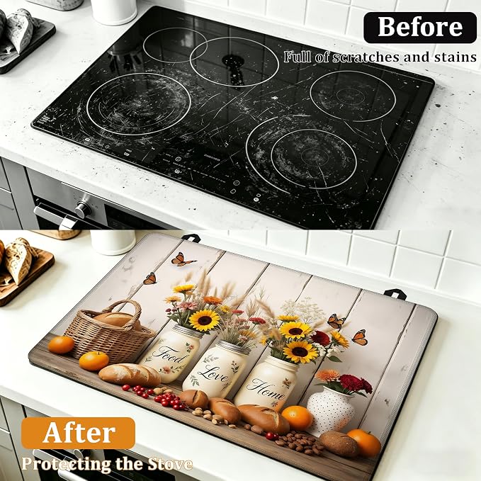 Farmhouse Flowers Stove Top Covers for Electric Stove,Rustic Bread Food Glass Top Stove Cover, Heat Resistant Range Covers for Electric Stove,Washable Countertop Mat, 28 x 20 Inch