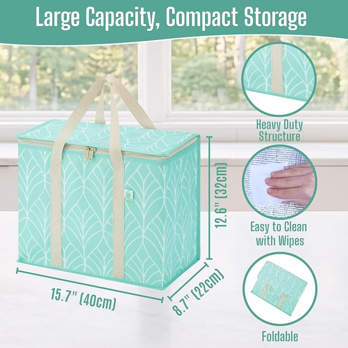 VENO 3 Pack Insulated Cooler Bag Reusable Grocery Bag for Food Delivery | Heavy Duty Large Collapsible Cooler Shopping Tote w/ Zippers, Foldable, Stands Upright for Camping Picnic(Evergreen, 3 Pack)