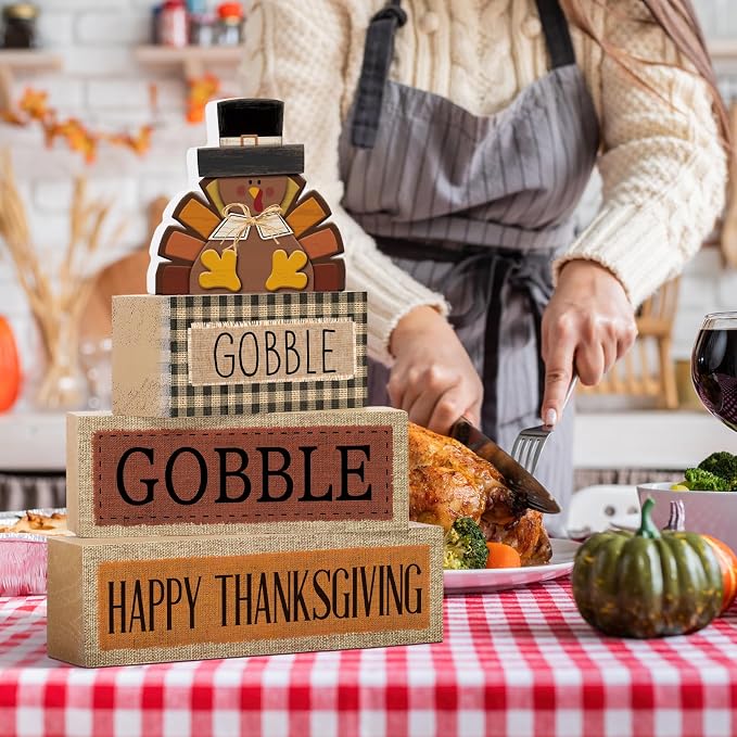 Lineshading 4 Pcs Fall Table Decorations Wooden Thanksgiving Turkey Decor | Turkey Tiered Tray Decor for Fall, Wooden Stacked Signs with Happy Thanksgiving Sayings, Rustic Autumn Tabletop Accents
